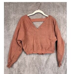 SHEIN Caramel Brown V Neck Ribbed Cropped Sweater Tie Back Cutout Size M